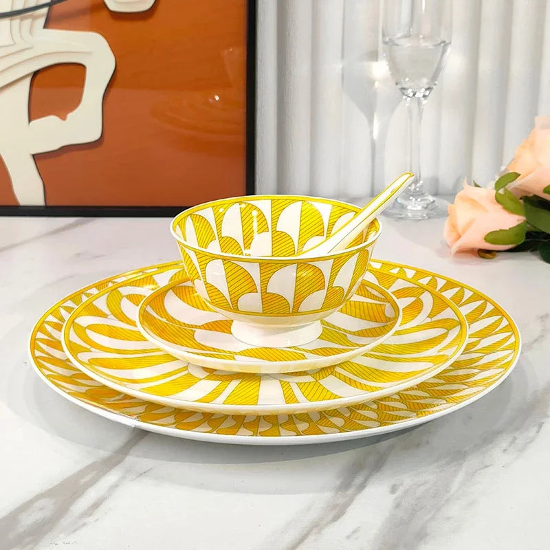European style tableware, bone china, geometric creativity, home style steak plate dining plate, sunshine cup and plate set gift