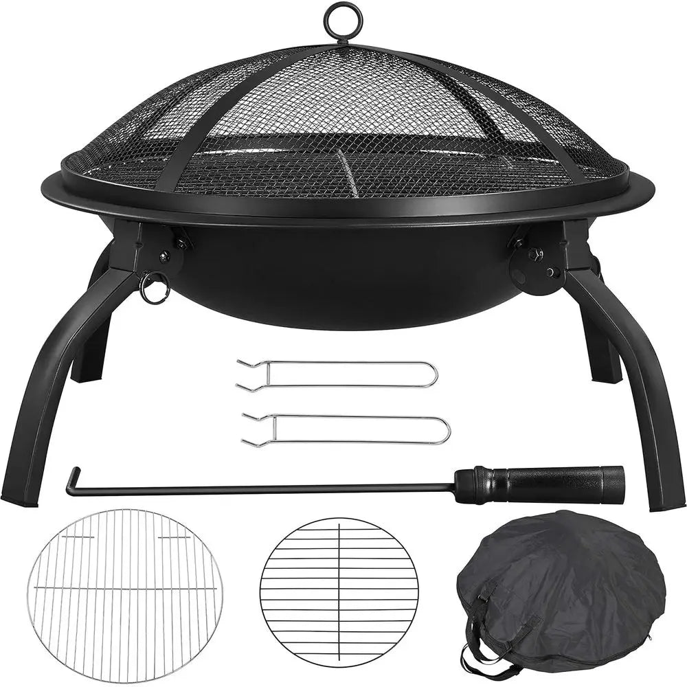 21In Portable Folding Steel Outdoor Fire Pit With Carrying Bag Spark Screen BBQ Grill Log Grate For Patio Backyard Camping Outdoor Bonfire Activity