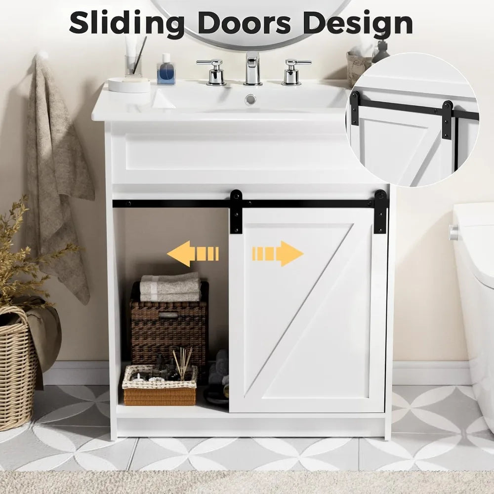 30" Bathroom Vanity with Sink, Farmhouse Cabinet, White, Sliding Barn Door, 3 Drawers, Freestanding