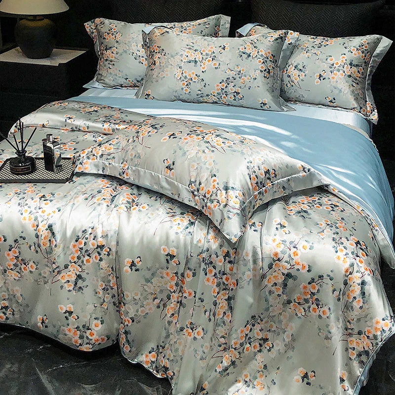 Luxury Mulberry Silk Duvet Cover High End Floral Printed Bedding Set Queen King Ice Silk Comforter Cover Bed Sheets Pillowcases