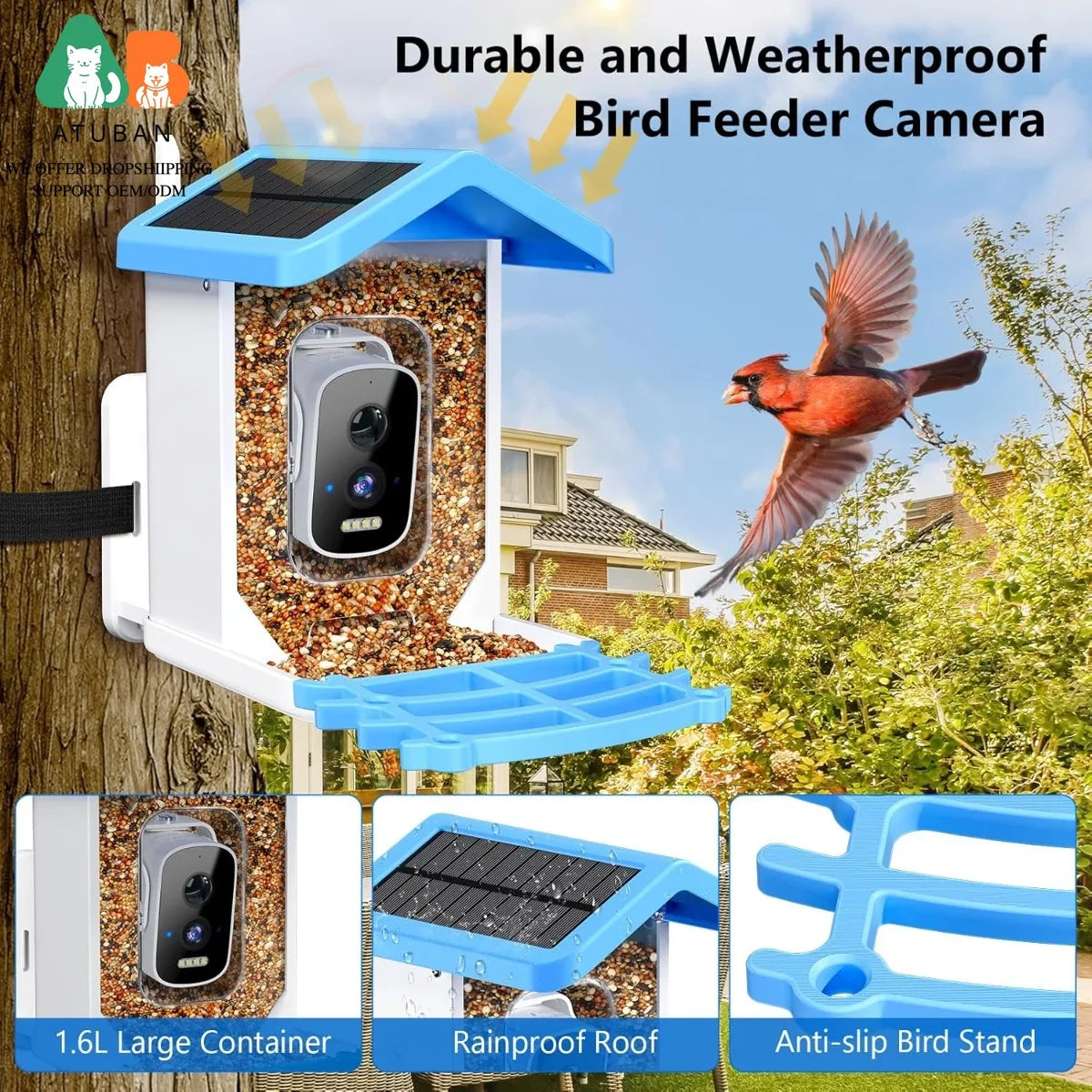 ATUBAN Smart Bird Feeder with Camera, AI Bird Species Identification Solar Powered Panel, 2.5k HD Video Bird House with Camera
