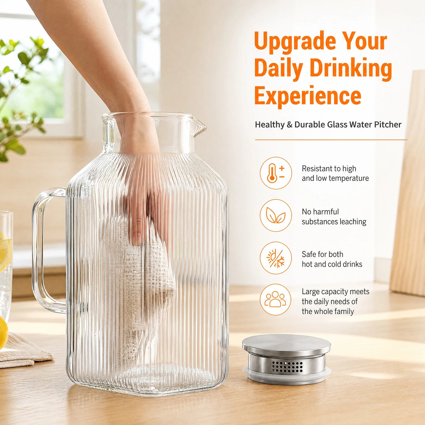 2 Pack 1 Gallon Large Glass Water Pitcher with Handle and Strainer Lid, 3800ml Big Glass Beverage Pitcher for Fridge, Iced Tea, Juice, Sangria, Hot & Cold Daily Drinks