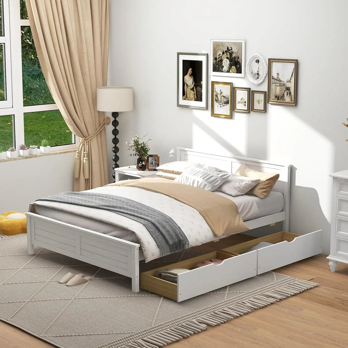 Full Size Platform Bed Frame Wood Headboard Footboard 2 Drawers Under Storage Slats No Box Spring White, Customized