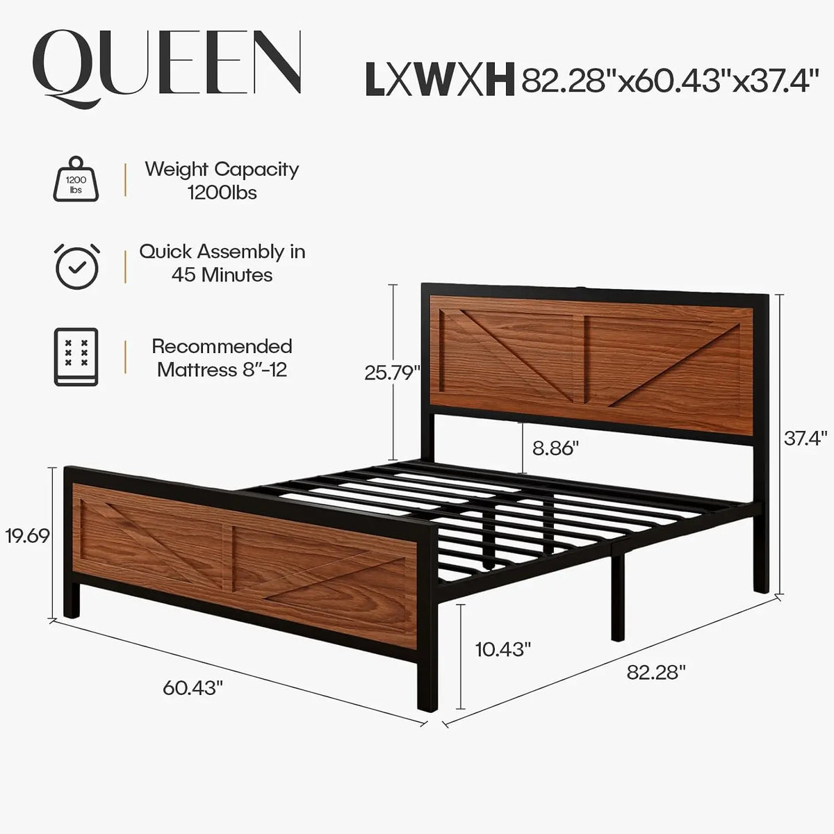 Rustic Bed Frame Queen Size with Barn Door Headboard, LED Bed Frame with Charging Station, Industrial Platform, Customized