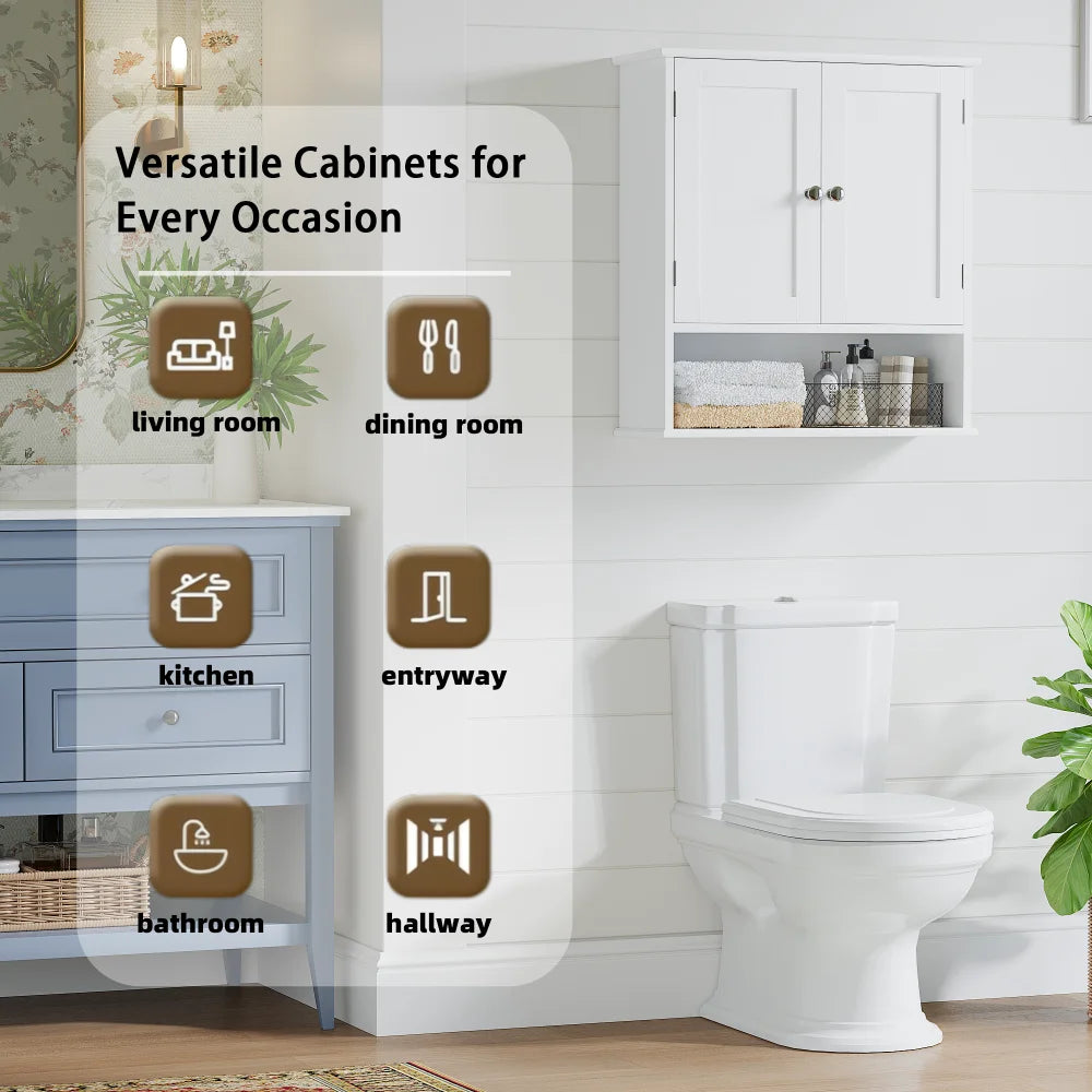 Bathroom Wall Cabinet with Door, Over Toilet Storage Cabinet with and Adjustable Shelves, 3-Tier Medicine Cabinet Wall Mounted, for Bathroom, Kitchen, Entryway, Laundry Room, White