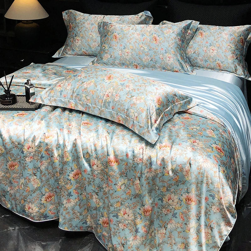 Luxury Mulberry Silk Duvet Cover High End Floral Printed Bedding Set Queen King Ice Silk Comforter Cover Bed Sheets Pillowcases