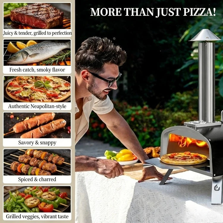 16" Outdoor Pizza Oven Propane and Wood Fired Stainless Steel Grill with Gas Burner, Wood Tray  Stone,  Peel
