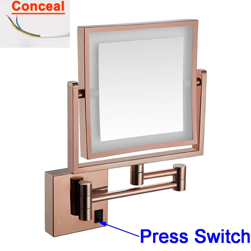 Rose Gold Square Led Bathroom Mirror Wall Mounted Lighted Bathroom Makeup Mirror Accessories 3X Magnifying Bathroom Mirrors