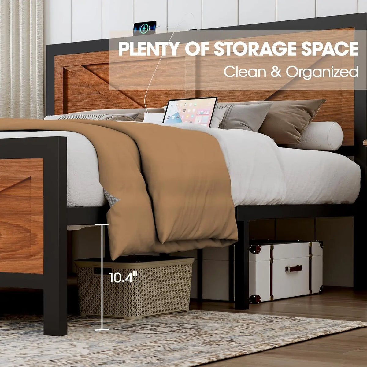 Rustic Bed Frame Queen Size with Barn Door Headboard, LED Bed Frame with Charging Station, Industrial Platform, Customized
