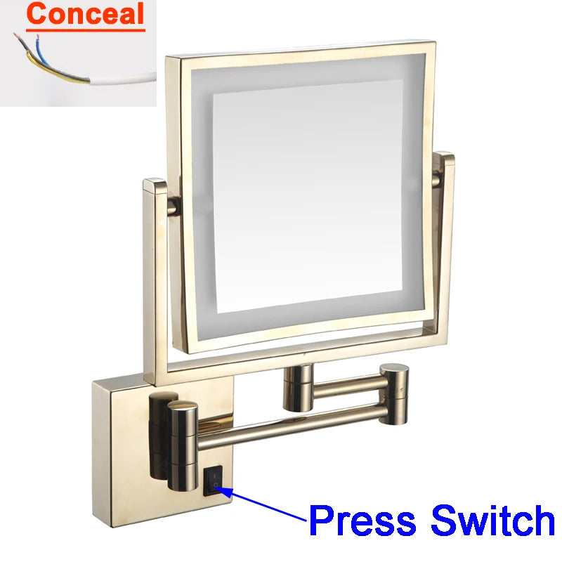 Rose Gold Square Led Bathroom Mirror Wall Mounted Lighted Bathroom Makeup Mirror Accessories 3X Magnifying Bathroom Mirrors