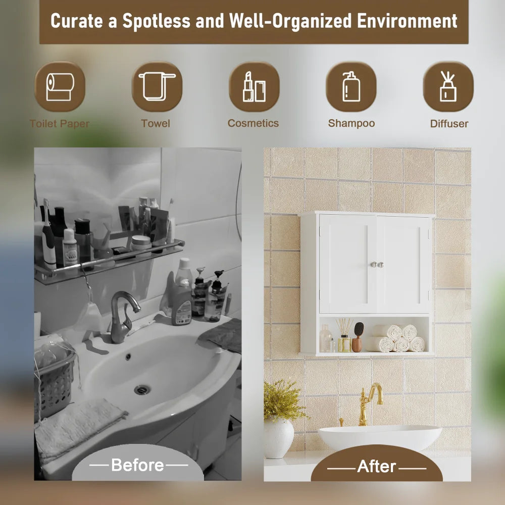 Bathroom Wall Cabinet with Door, Over Toilet Storage Cabinet with and Adjustable Shelves, 3-Tier Medicine Cabinet Wall Mounted, for Bathroom, Kitchen, Entryway, Laundry Room, White