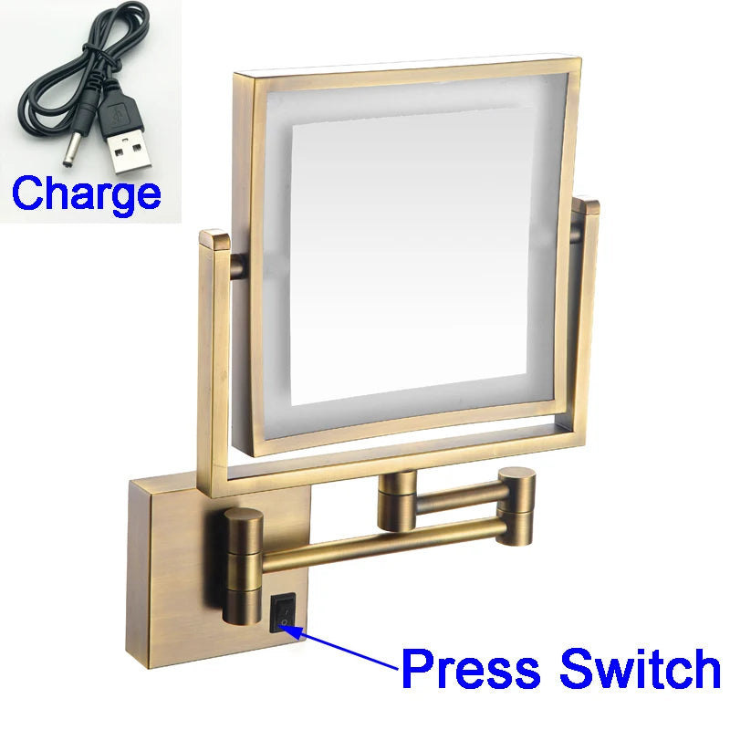 Rose Gold Square Led Bathroom Mirror Wall Mounted Lighted Bathroom Makeup Mirror Accessories 3X Magnifying Bathroom Mirrors