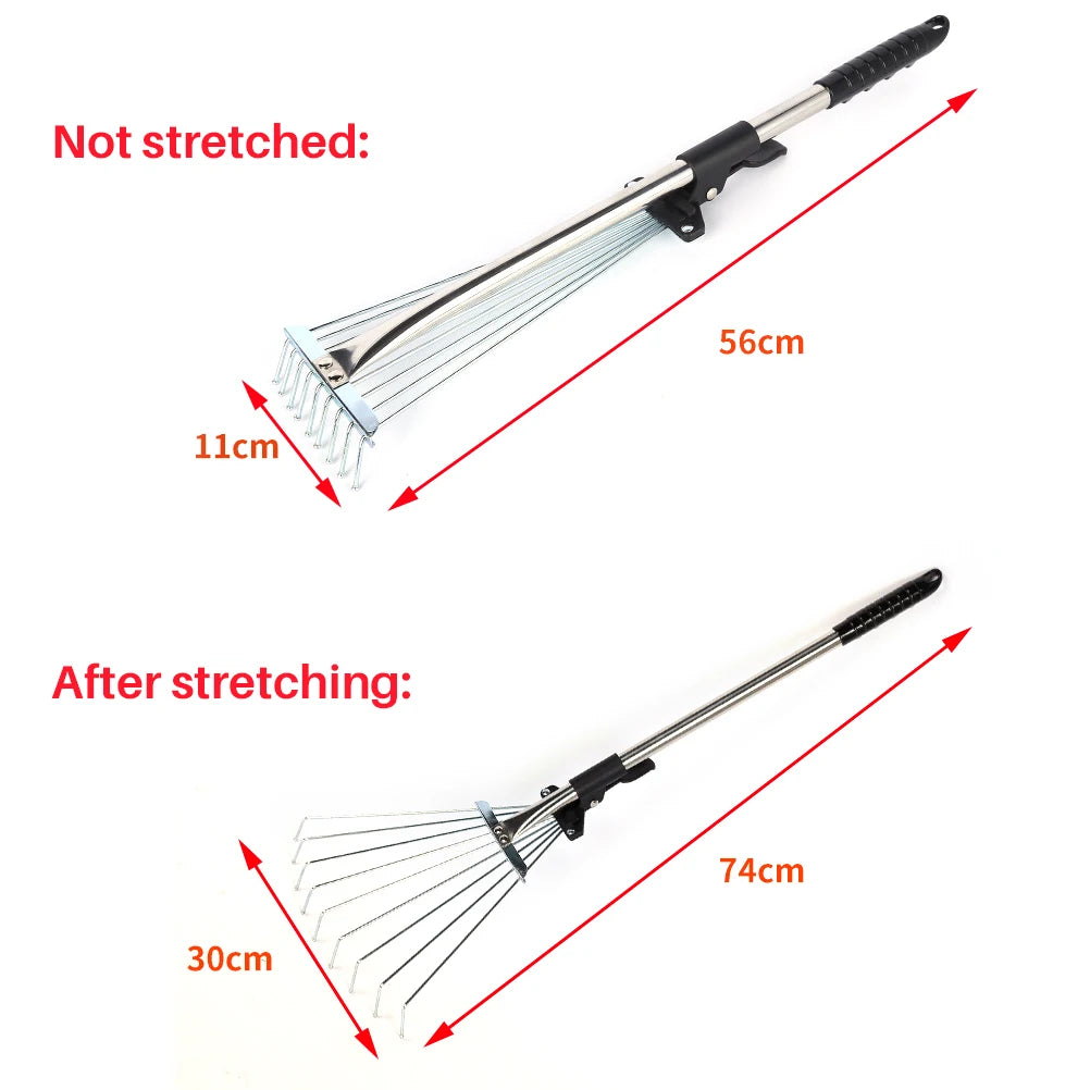 E2 Adjustable Garden Leaf Rake Telescopic Hoe Grass Tool Multi Toothed Metal Rake for Deciduous Hay Grass of Lawn and Yard Tools
