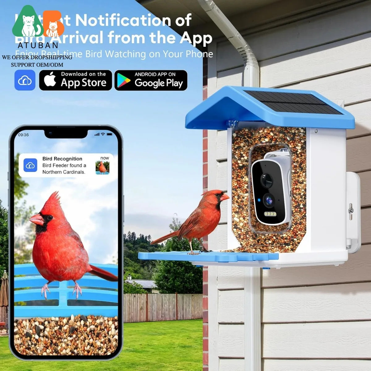 ATUBAN Smart Bird Feeder with Camera, AI Bird Species Identification Solar Powered Panel, 2.5k HD Video Bird House with Camera