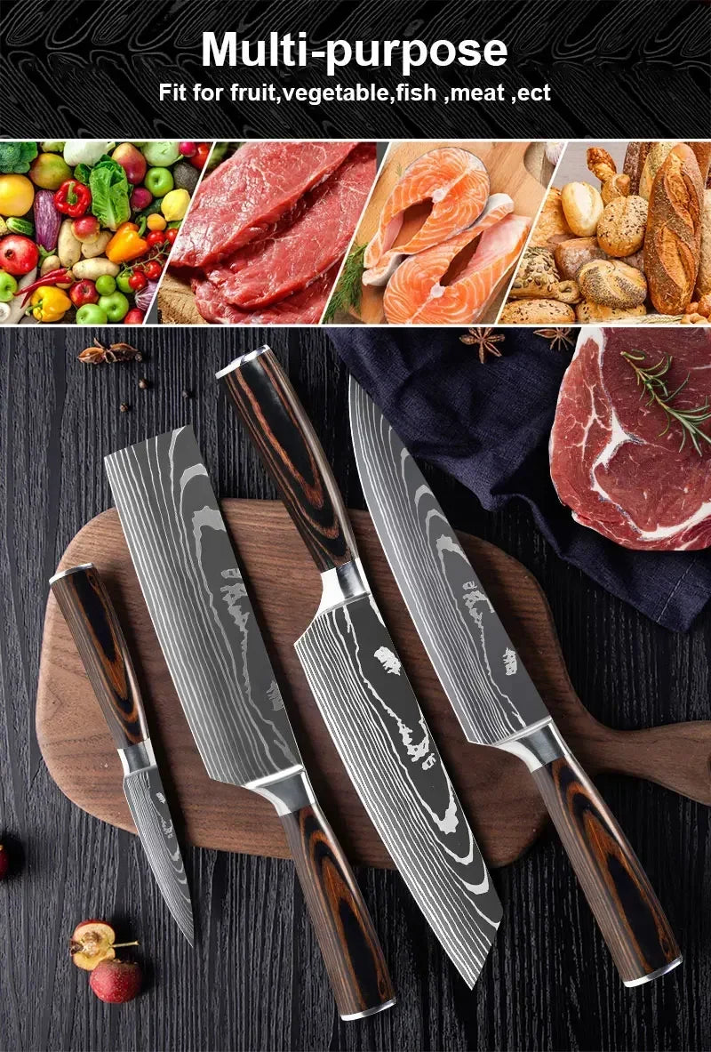 Japanese Santoku Knife 10pcs Damascus Pattern Knives Set Chef's Knife Boning Knife Meat Cleaver Vegetable Slicing Knives