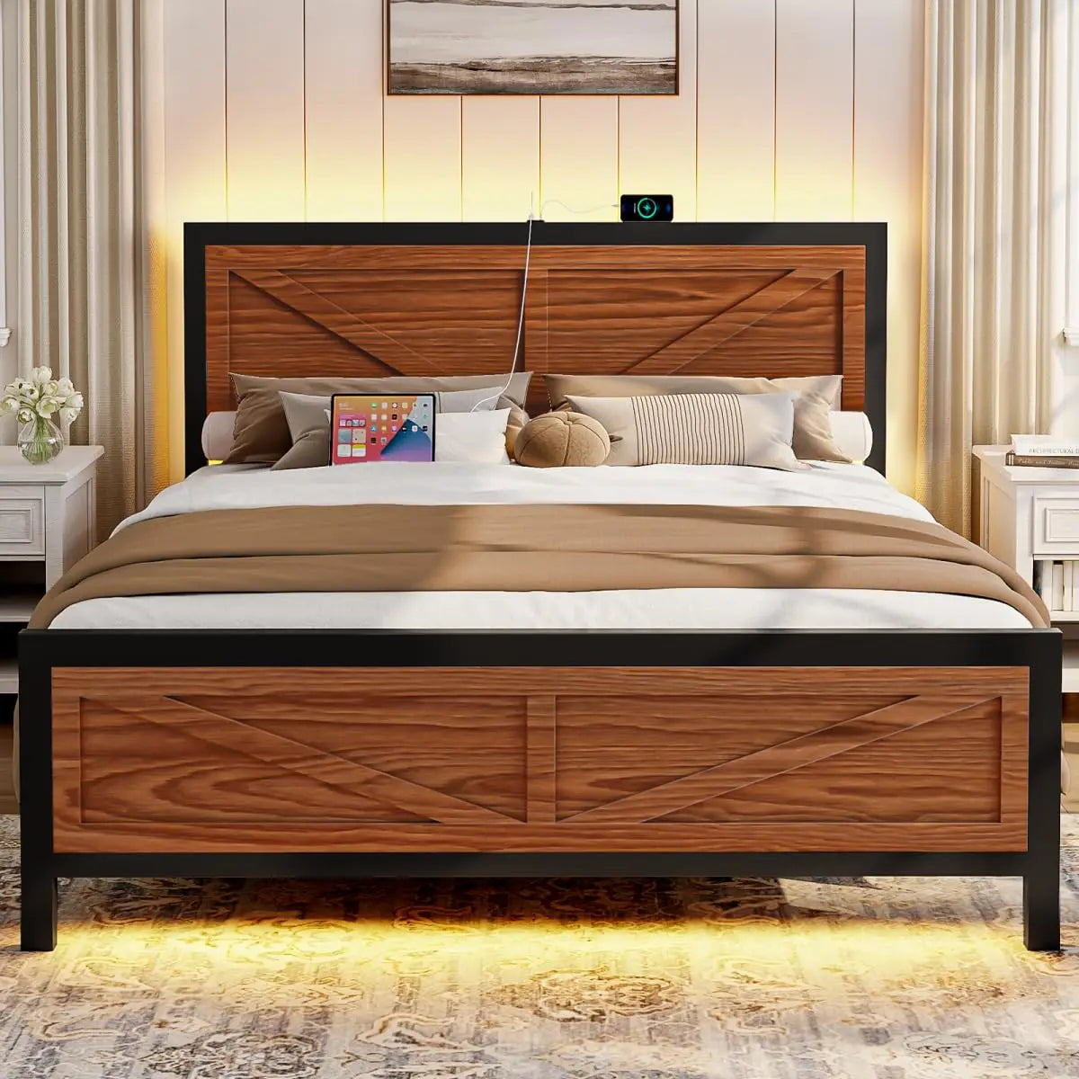 Rustic Bed Frame Queen Size with Barn Door Headboard, LED Bed Frame with Charging Station, Industrial Platform, Customized