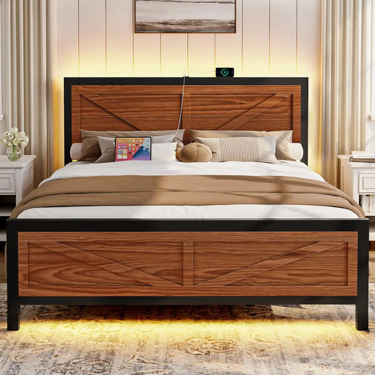 Rustic Bed Frame Queen Size with Barn Door Headboard, LED Bed Frame with Charging Station, Industrial Platform, Customized