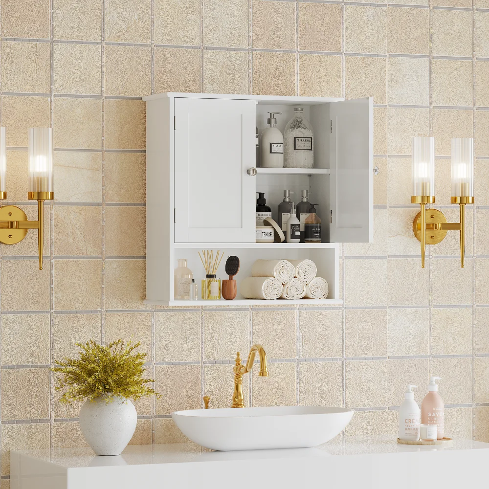 Bathroom Wall Cabinet with Door, Over Toilet Storage Cabinet with and Adjustable Shelves, 3-Tier Medicine Cabinet Wall Mounted, for Bathroom, Kitchen, Entryway, Laundry Room, White