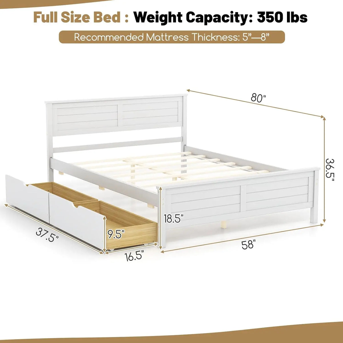 Full Size Platform Bed Frame Wood Headboard Footboard 2 Drawers Under Storage Slats No Box Spring White, Customized