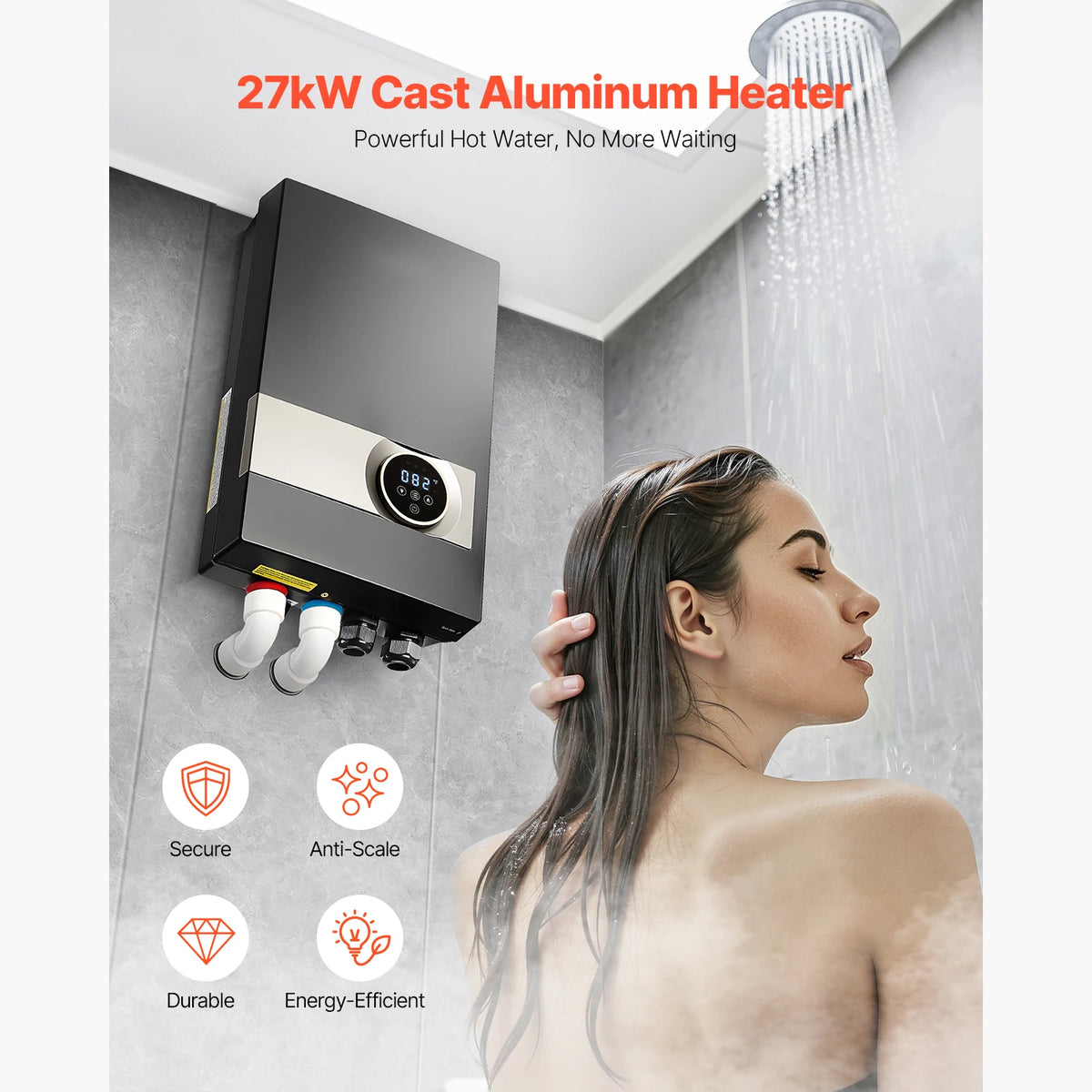 SucceBuy Tankless Electric Water Heater 27kW Instant Hot Water Heater Under Sink On Demand for Bathroom w/ LCD Touch Screen 240V