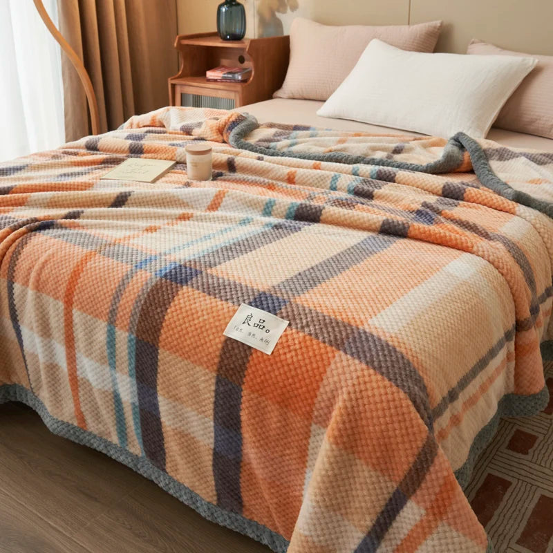 Japanese Style Plaid Pattern Velvet Blanket for Sofa Bed Spring Autumn Soft Warm Coral Fleece Blanket or Blanket and Pillowcases