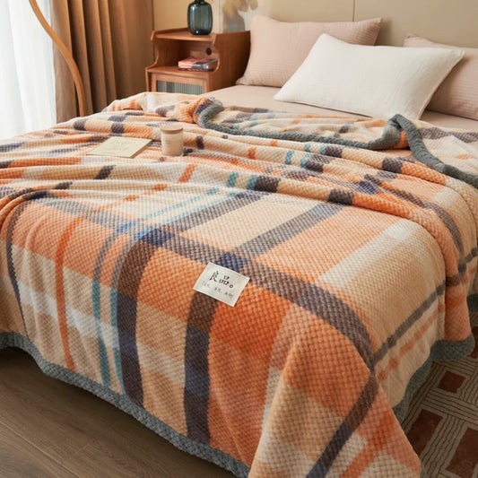 Japanese Style Plaid Pattern Velvet Blanket for Sofa Bed Spring Autumn Soft Warm Coral Fleece Blanket or Blanket and Pillowcases