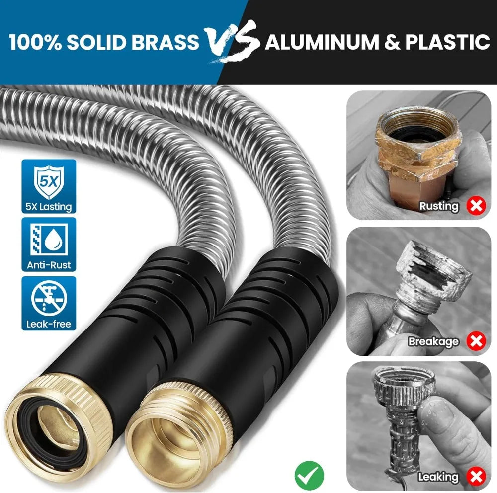 50FT Metal Garden Hose, Stainless Steel, Kink-Free, Pet Proof, 550PSI, Lightweight with 10-Function Nozzle & Brass Fittings