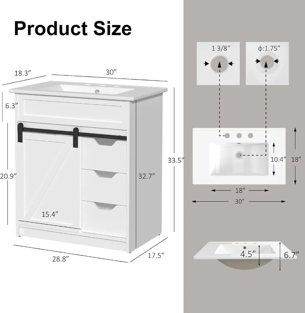 30" Bathroom Vanity with Sink, Farmhouse Cabinet, White, Sliding Barn Door, 3 Drawers, Freestanding