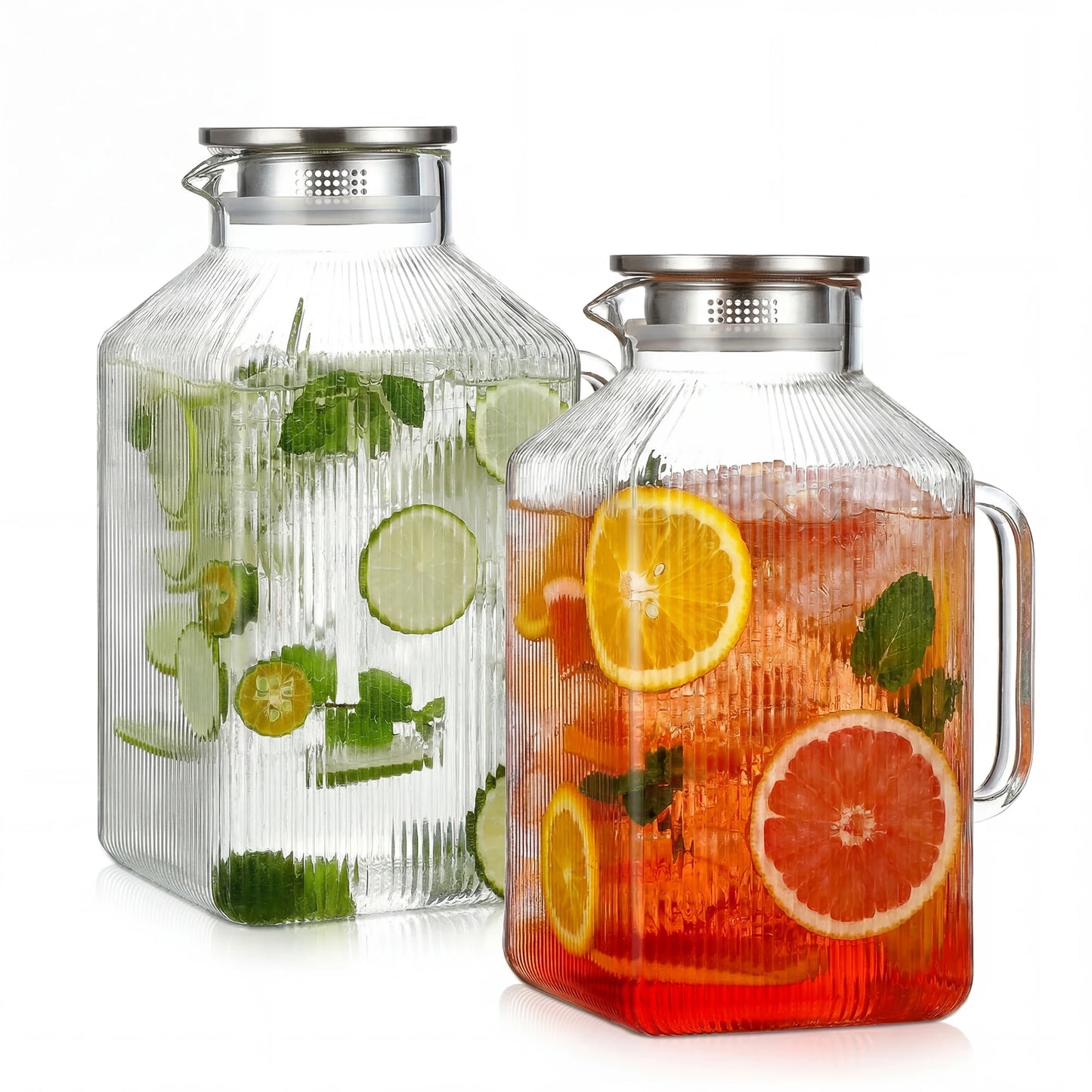 2 Pack 1 Gallon Large Glass Water Pitcher with Handle and Strainer Lid, 3800ml Big Glass Beverage Pitcher for Fridge, Iced Tea, Juice, Sangria, Hot & Cold Daily Drinks