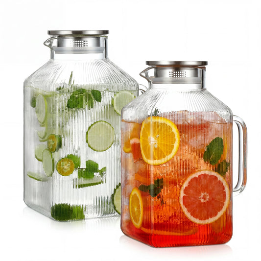 2 Pack 1 Gallon Large Glass Water Pitcher with Handle and Strainer Lid, 3800ml Big Glass Beverage Pitcher for Fridge, Iced Tea, Juice, Sangria, Hot & Cold Daily Drinks