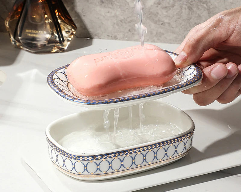 Simple Irregular Stripes Perforated Soap Box Luxury Ceramic Household Drain Soap Dish Washstand Gargle Cup Bathroom Accessories