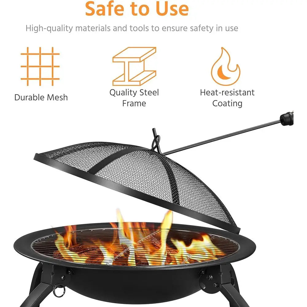 21In Portable Folding Steel Outdoor Fire Pit With Carrying Bag Spark Screen BBQ Grill Log Grate For Patio Backyard Camping Outdoor Bonfire Activity