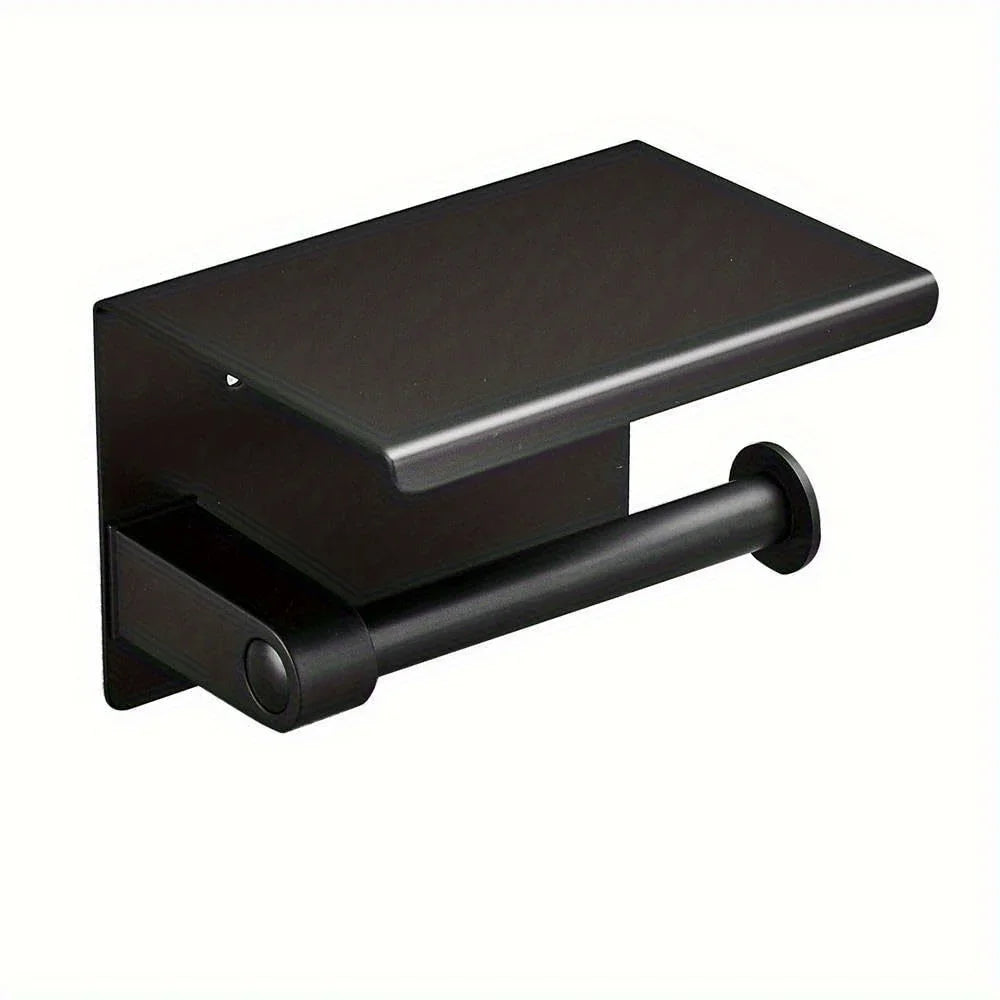Toilet Paper Holder with Phone Shelf, Wall Mounted Stainless Steel Tissue Dispenser, Bathroom Single Roll Toilet Paper Holder