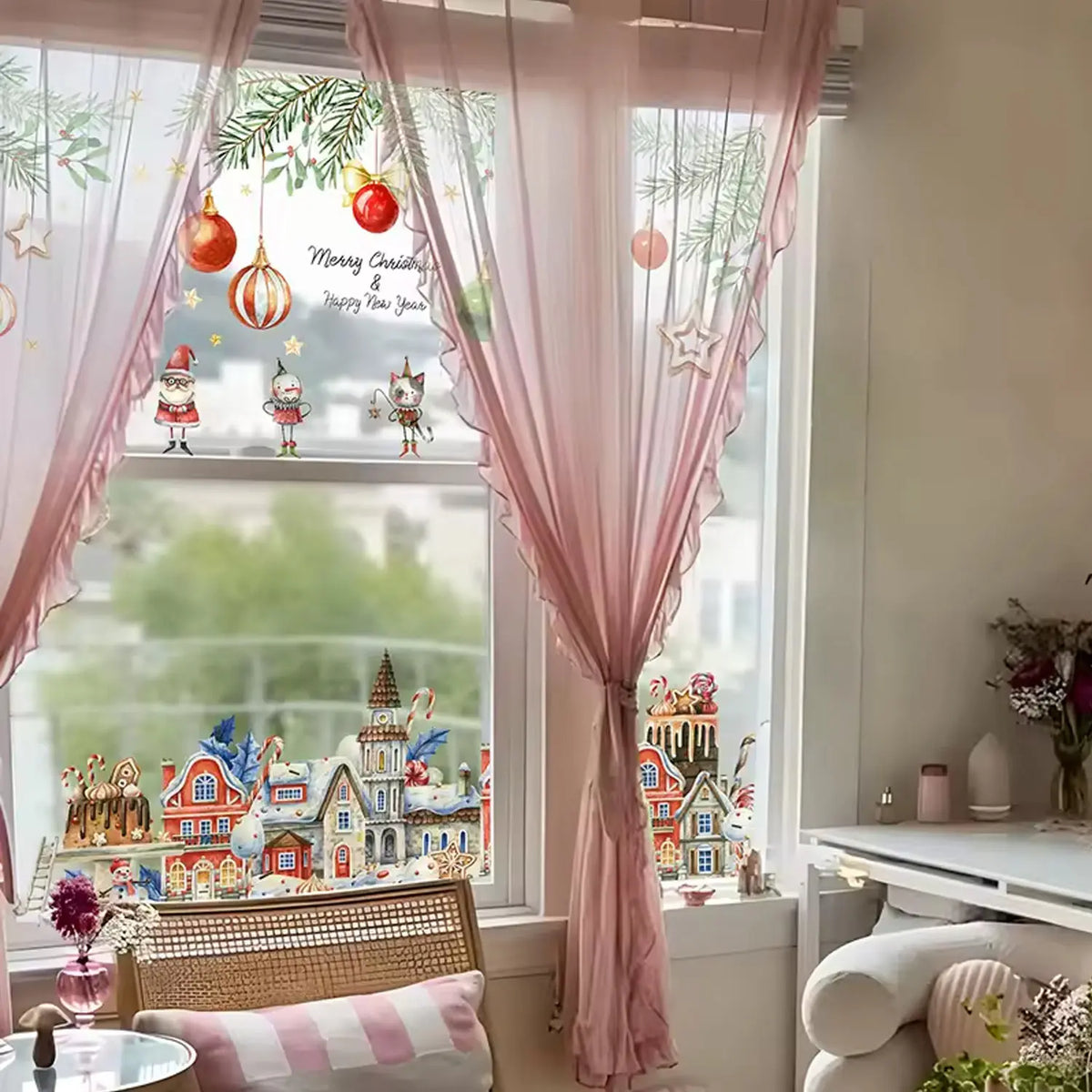 Double-Sided Christmas Window Sticker Pine Branch Xmas-Ball Stars Snowman,Static Clings Reusable Glass Film for Home Decor