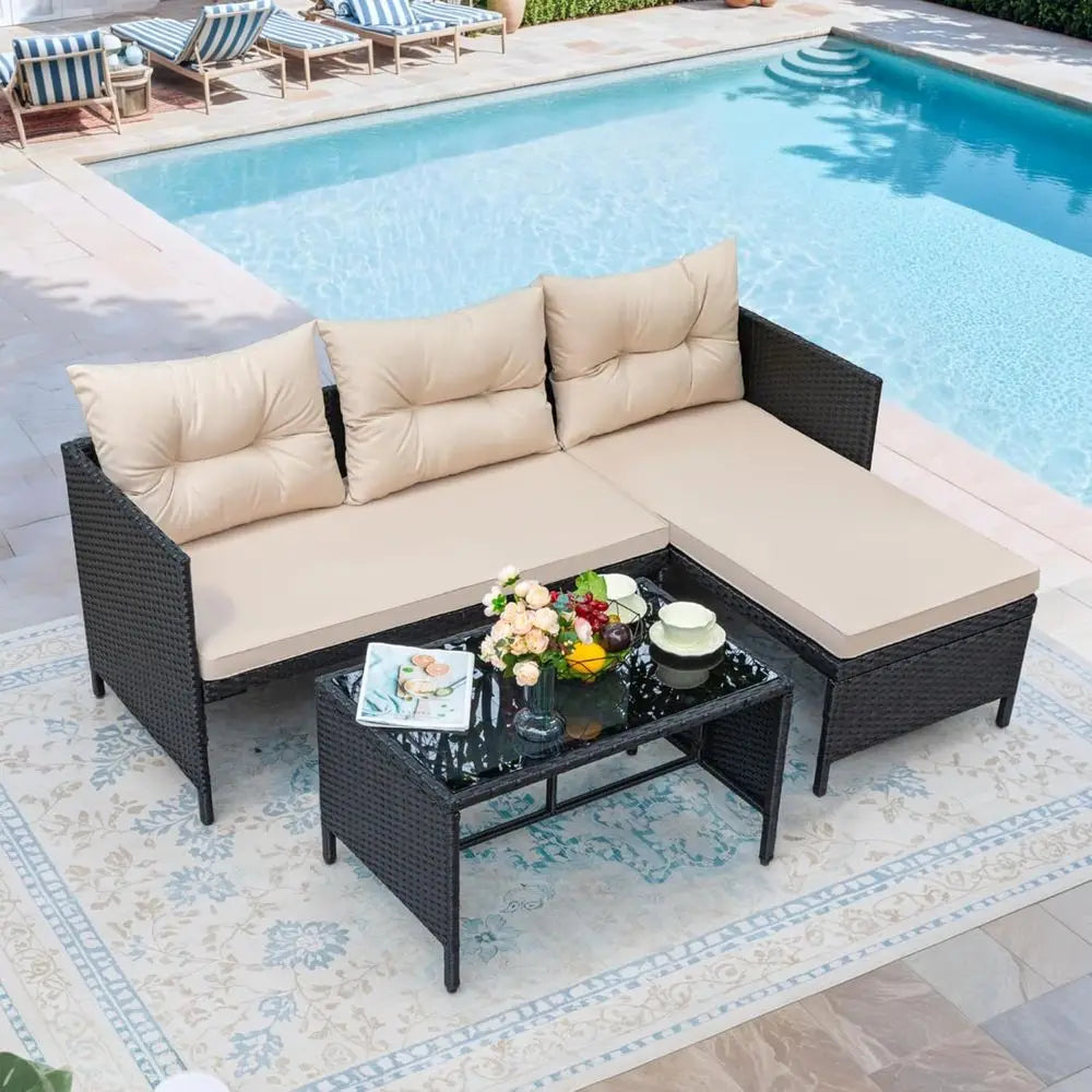 Light Beige 3-Piece Outdoor Wicker Sectional Sofa Set with Cushions and Coffee Table for Patio, Garden, Porch, Poolside