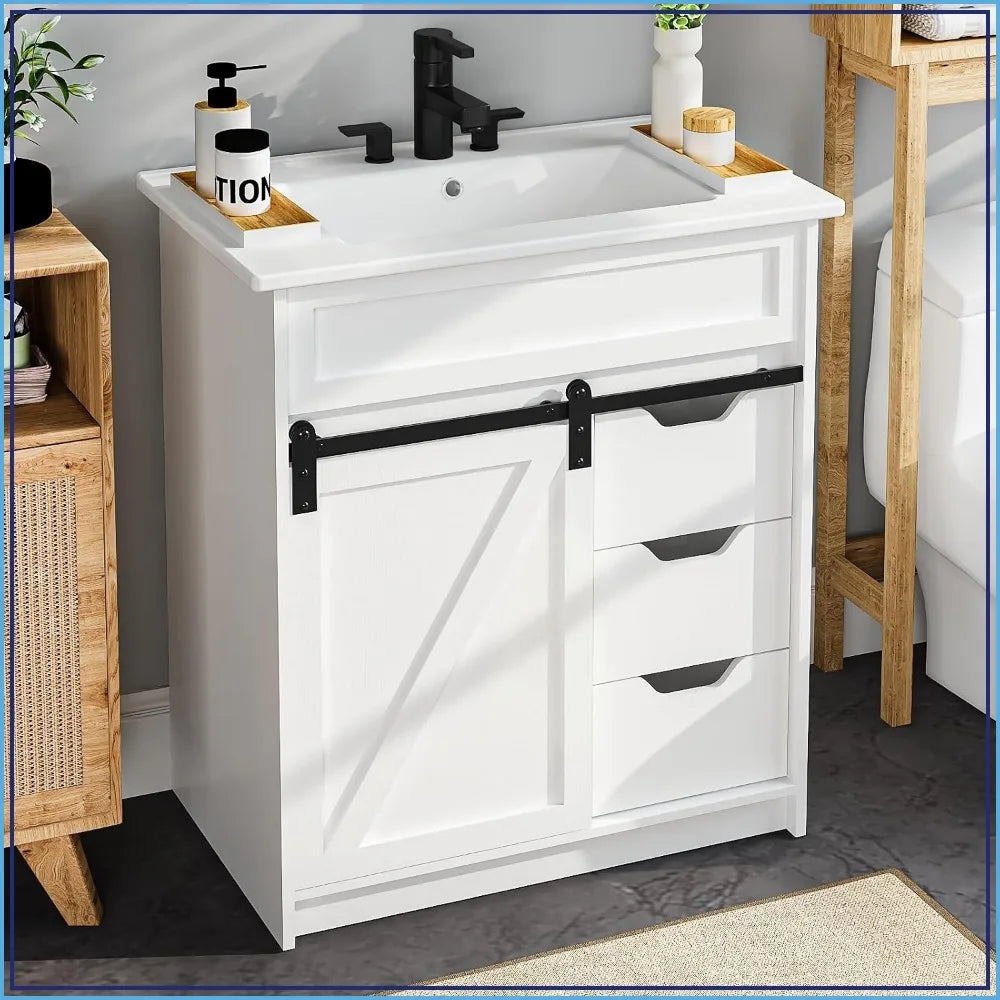 30" Bathroom Vanity with Sink, Farmhouse Cabinet, White, Sliding Barn Door, 3 Drawers, Freestanding