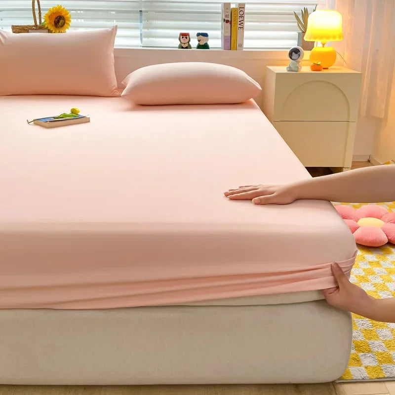 Soft Fitted Bed Sheet with Elastic Band Solid Color Mattress Cover for Single Double King Queen Bed 140/150/160/180/200