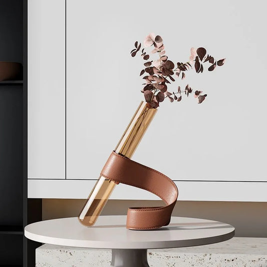 Nordic Modern Artistic Vases Simple Glass Tubular Living Room Desktop Vases Leather Bracket Handmade Luxury Personal Home Decor