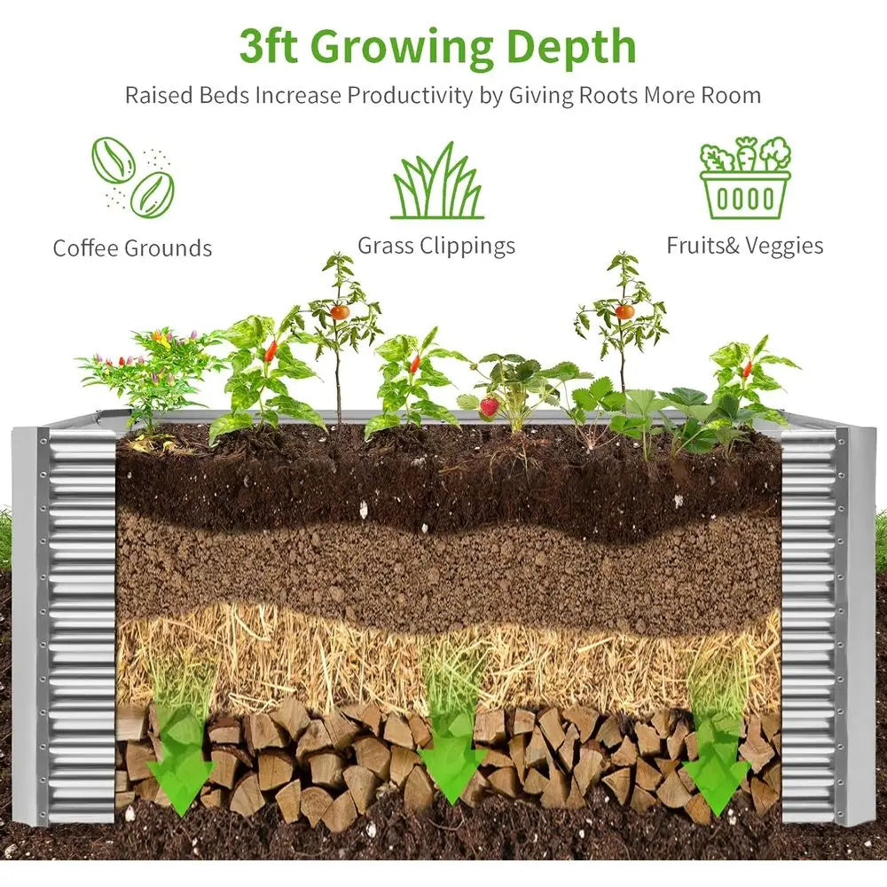 Large 8x4x3ft Galvanized Metal Raised Garden Bed, Deep Outdoor Planter Box for Vegetables, Classic Silver