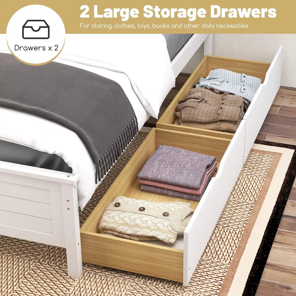 Full Size Platform Bed Frame Wood Headboard Footboard 2 Drawers Under Storage Slats No Box Spring White, Customized