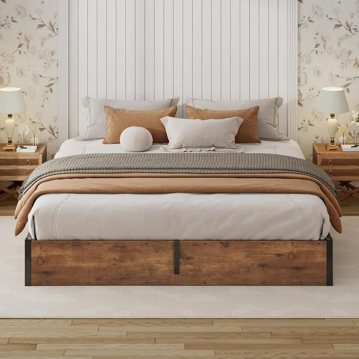 Queen Bed Frame with Lift Up Storage, Wooden Platform with Underbed Space, Rustic Brown, Customized