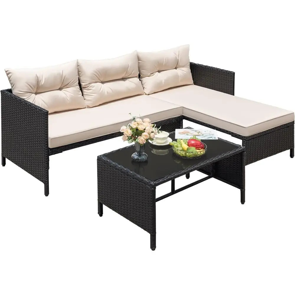 Light Beige 3-Piece Outdoor Wicker Sectional Sofa Set with Cushions and Coffee Table for Patio, Garden, Porch, Poolside
