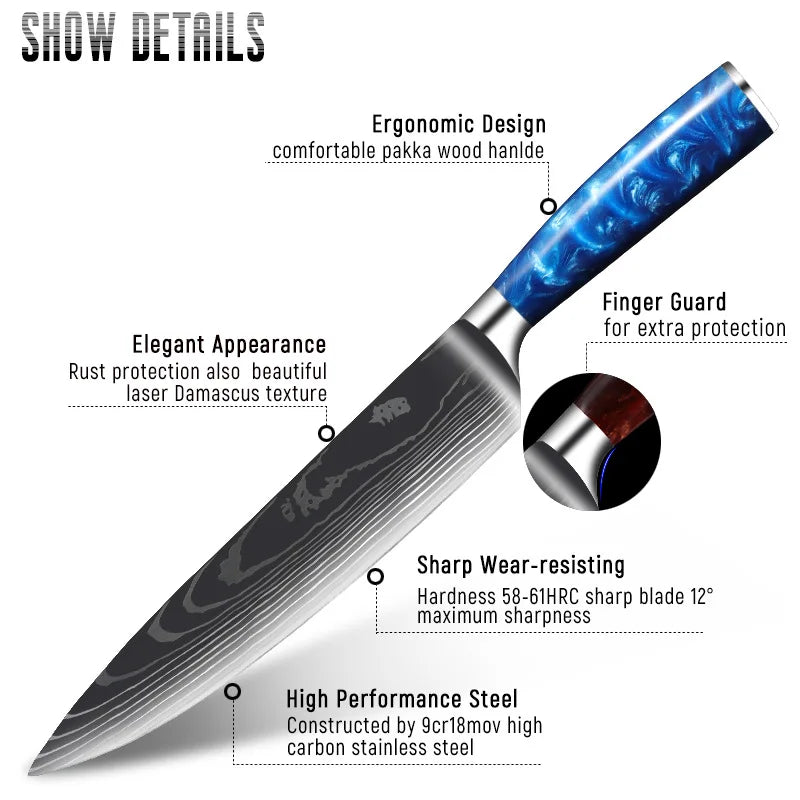 Japanese Santoku Knife 10pcs Damascus Pattern Knives Set Chef's Knife Boning Knife Meat Cleaver Vegetable Slicing Knives