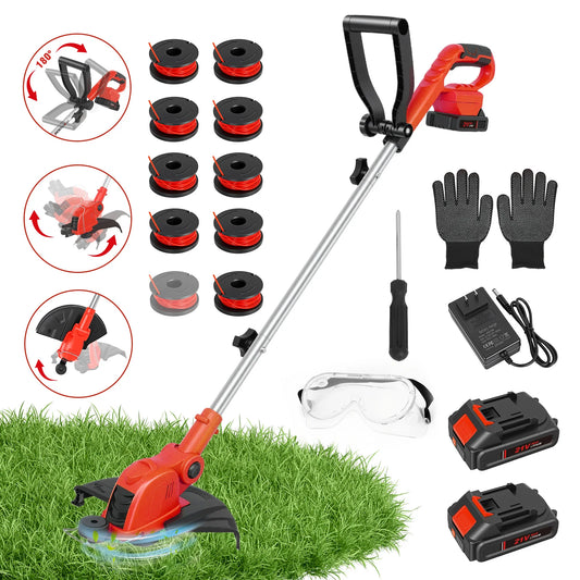12-Inch Cordless String Trimmer 90° Rotatable Lawn Mower 9650RPM10 Spools 2x2.5Ah Batteries & Charger for Lawn Garden Tools