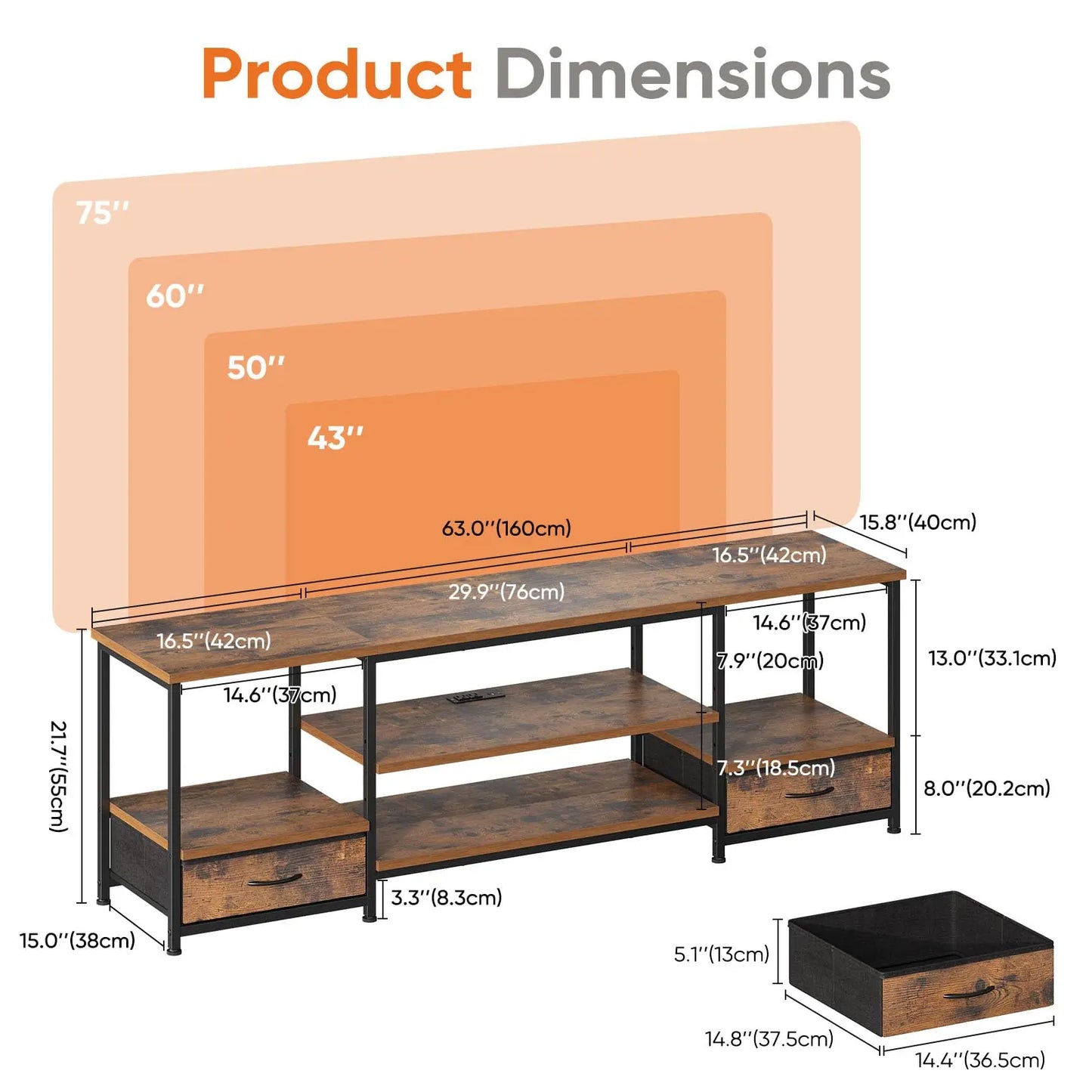 JHK Wooden TV Stand For Up To 70/75 Inch TV with Drawers Television Stands Media Console with Charging Station Drawers Shelf