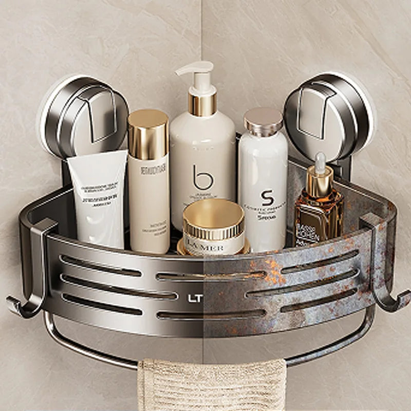No-Drill Suction Cup Triangle Shower Basket - Stainless Steel, Rustproof, with Hooks for Bathroom Corner Storage of Shampoo Soap
