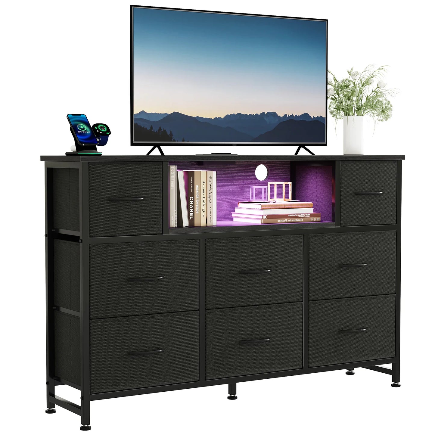 JHK LED TV Stand Dresser with 8 Fabric Drawers Entertainment Center with Charging Station and Open Shelves Wood Top Media Console for 45-55 inch