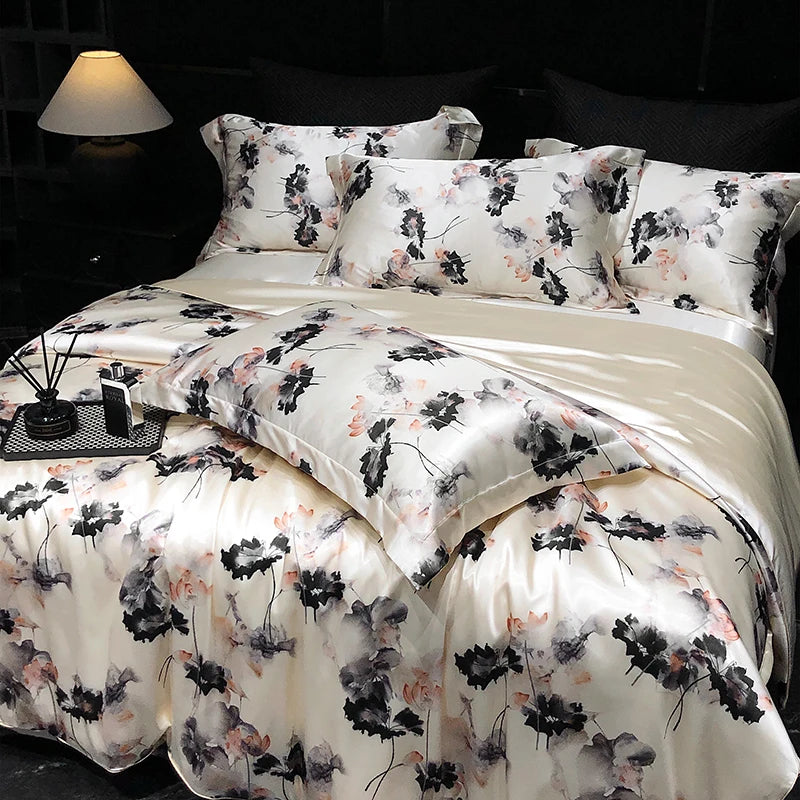 Luxury Mulberry Silk Duvet Cover High End Floral Printed Bedding Set Queen King Ice Silk Comforter Cover Bed Sheets Pillowcases