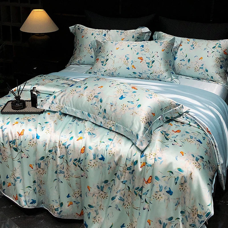 Luxury Mulberry Silk Duvet Cover High End Floral Printed Bedding Set Queen King Ice Silk Comforter Cover Bed Sheets Pillowcases