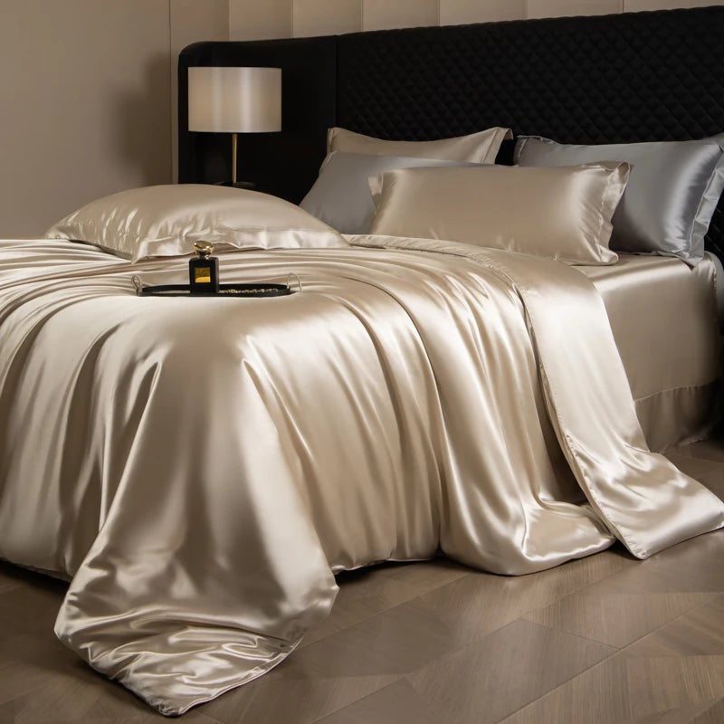 Silk Bed Sheets Set Luxury Bedding Set with Duvet Cover Fitted/Flat Bedheet Pillowcases Mixed with Rayon King Queen Full Twin